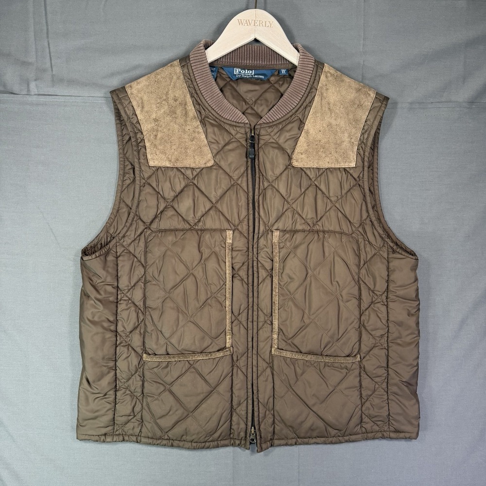 Polo Ralph Lauren Vest Mens XL Brown Quilted Calf Suede Trim Hunting Shooting